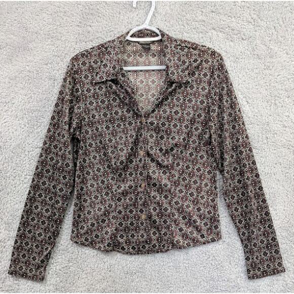 Guess Jeans Long Sleeve Button Down Blouse Large Geometric Medallion Made in USA - Picture 1 of 10